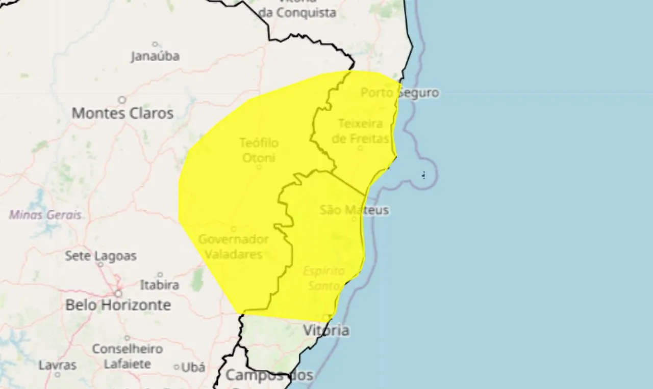 A imagem mostra as regiões que estão com alerta amarelo para chuva intensa e ventania entre está sexta-feira e sábado 